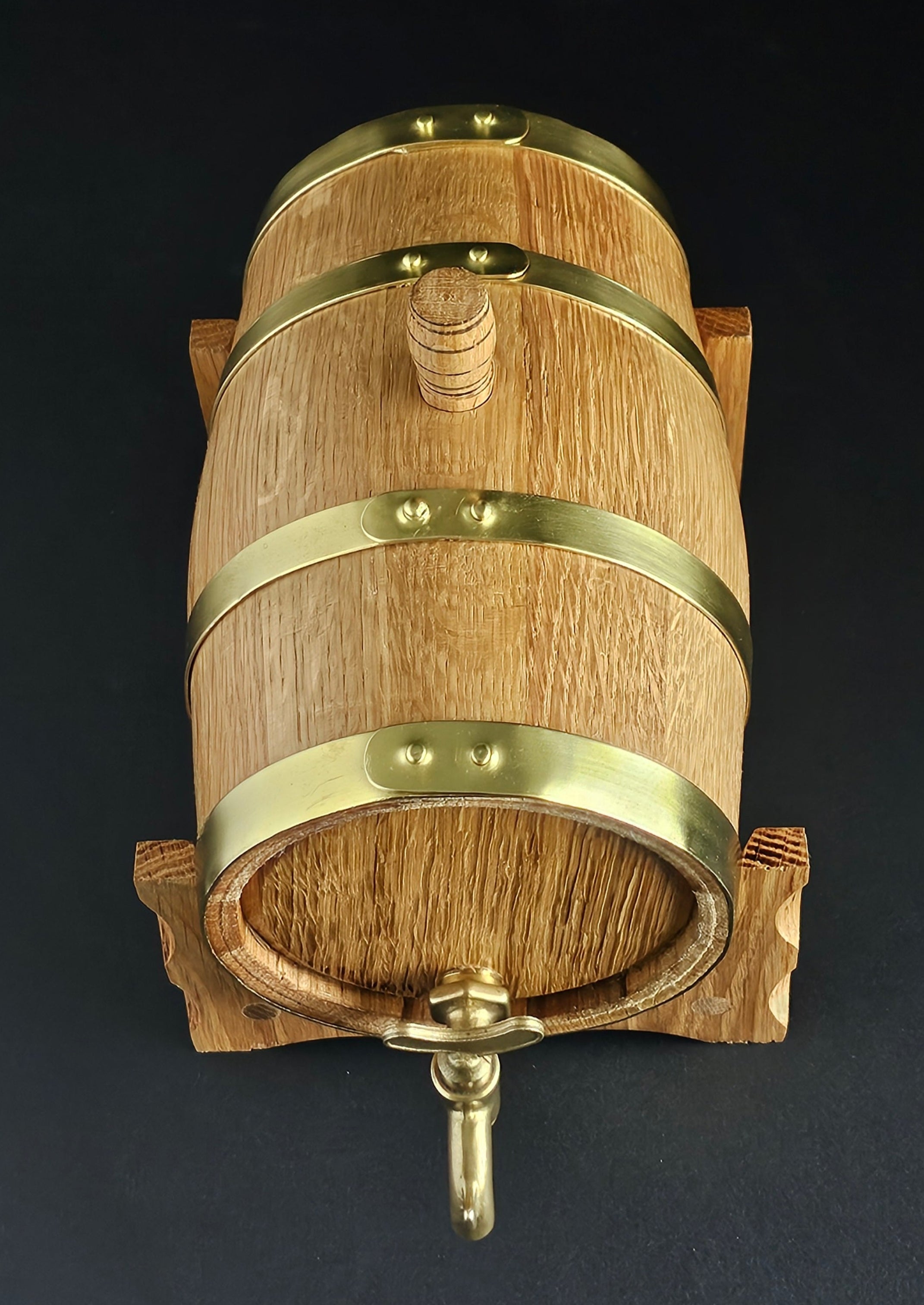 Wooden oak miniature barrel with brass hoops and tap. Top down view. Handcrafted in Cork, Ireland by O'Mahony Craft Cooperage.