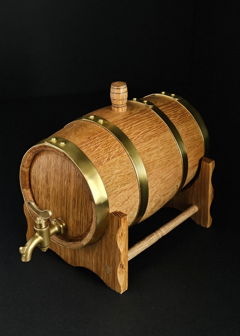 1L American Oak Presentation Miniature Barrel (brass tap & hoops) on black background.