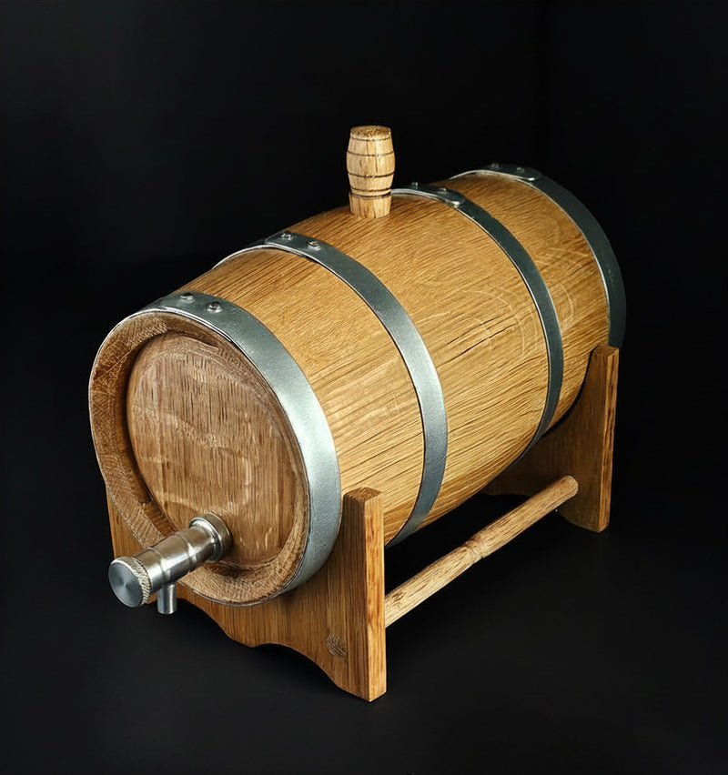 2L European Oak Miniature Barrel with steel tap and hoops on black background.