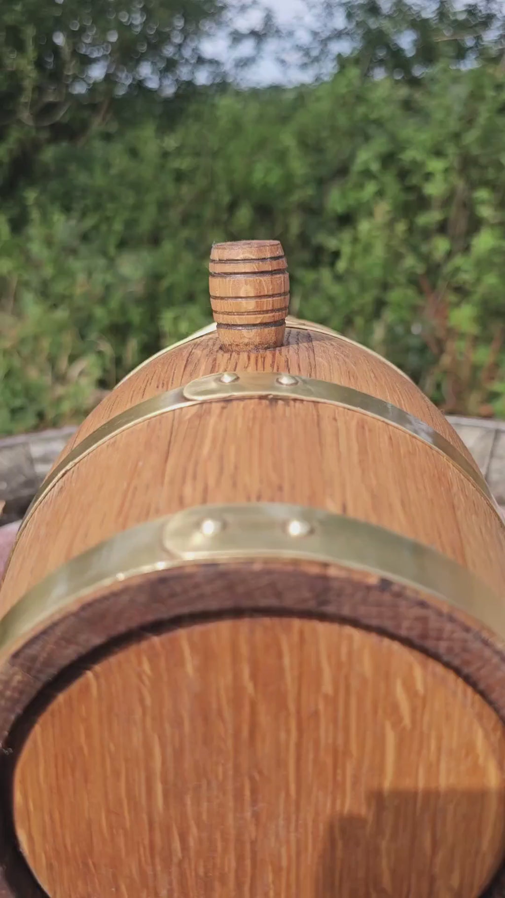 Video of 360 view of miniature barrel with brass hoops and solid brass tap